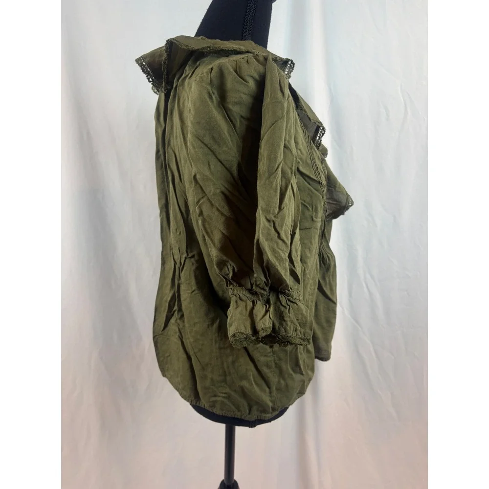 Olive Green Victorian Ruffle Lace Trim Puff Sleeve Pintuck Blouse Top Size XL - Picture 6 of 8